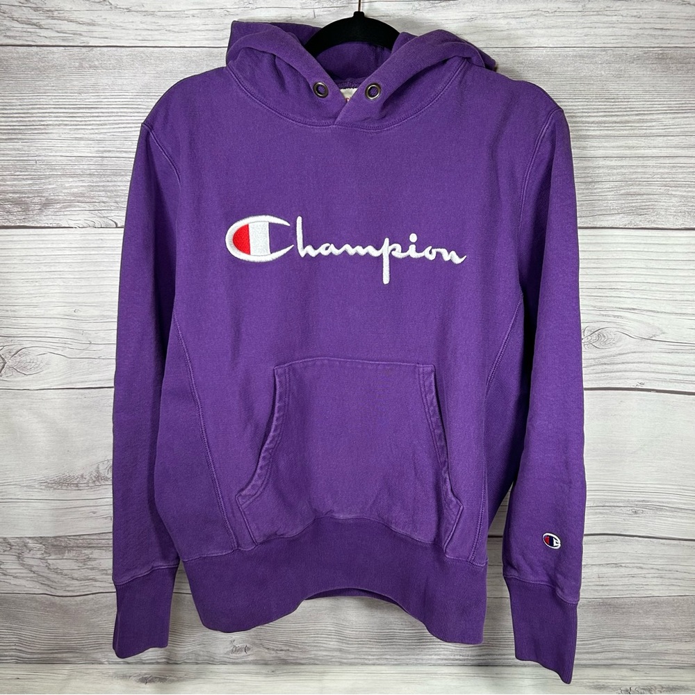 Vintage Champion Reverse Weave Warm Up Pullover Hoodie Purple Script Logo Large